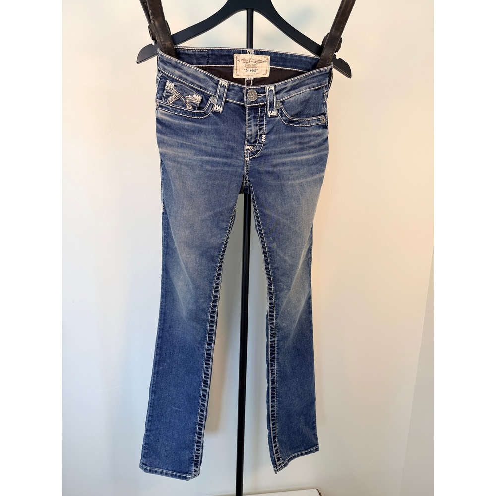 Big Star Nina Low Rise Skinny Jeans Medium Wash Thick Stitch Lace Pocket 27R